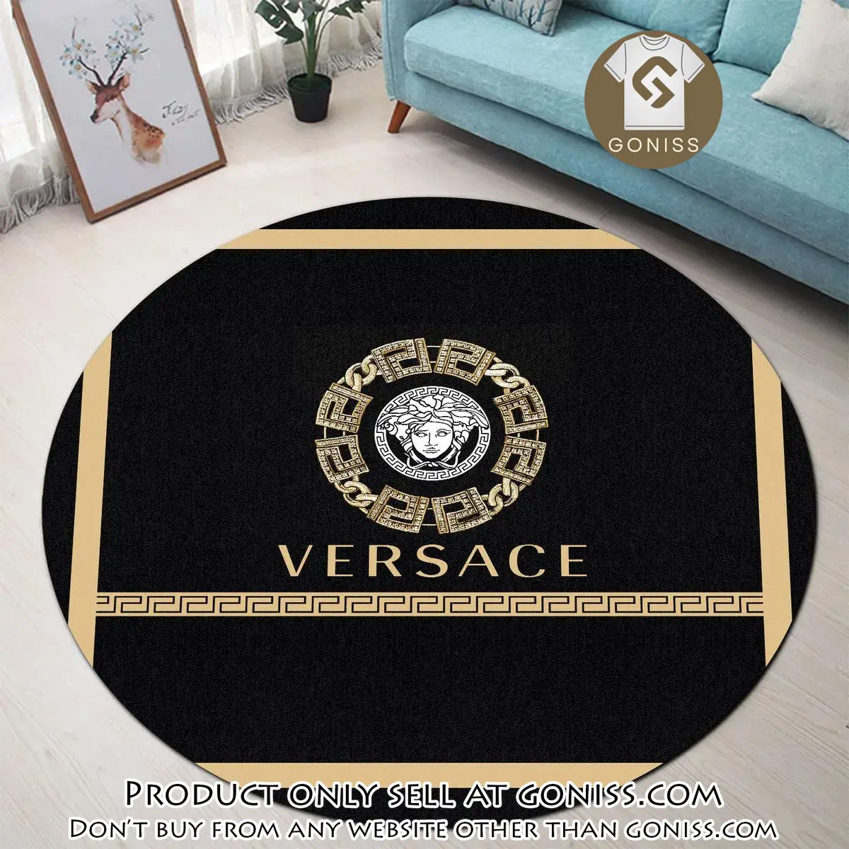 Versace medusa golden pattern black luxury brand fashion round rug carpet home decor special gift gn0130295